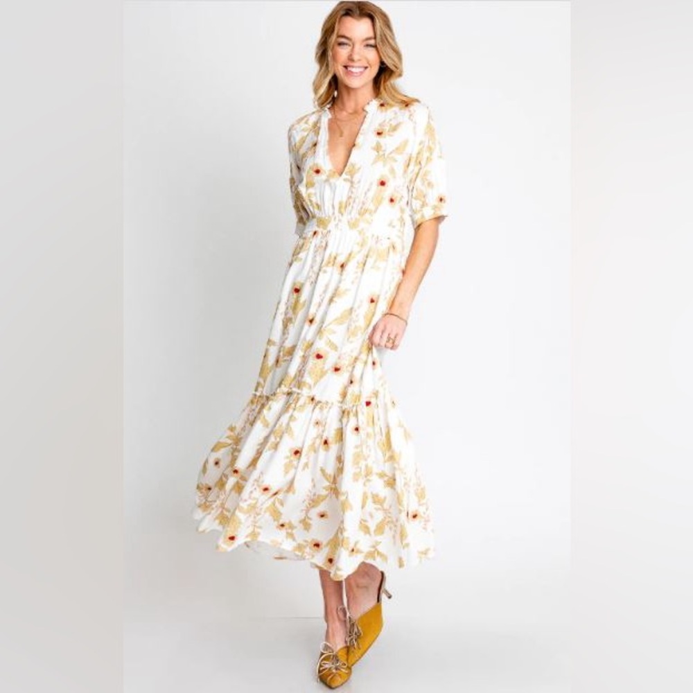 Floral Cream Maxi Dress Womens Pintuck Ruffle Romantic Cottagecore Sustainable
